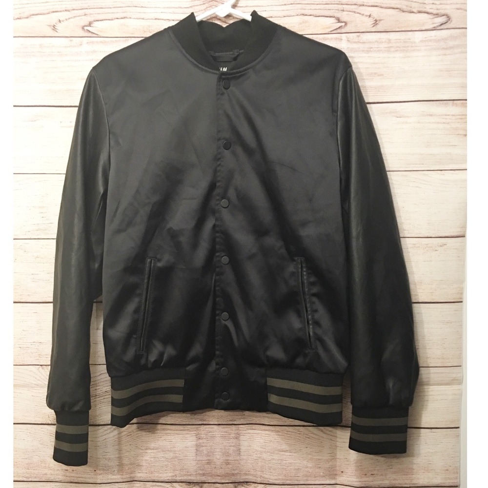 Black Nylon & Faux Leather Bomber Jacket